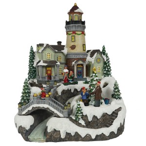 New design noel seasonal decor Led musical polyresin fiber optic rotating Xmas tree scene Christmas Village with bell tower