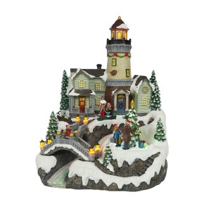 New design noel seasonal decor Led musical polyresin fiber optic rotating Xmas tree scene Christmas Village with bell tower