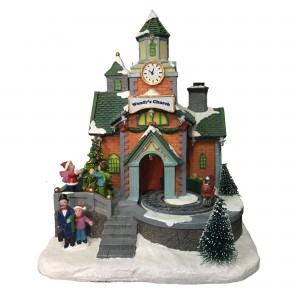 Wholesale  LED light up animated Church Train Station scene  resin musical Christmas village for seasonal decor and gift