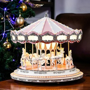 Deluxe Christmas Gift Bluetooth audio amusement park Led Pink Carousel Music Box Animated Indoor Christmas Decoration