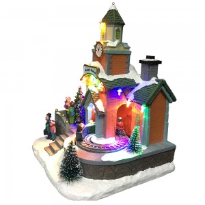 Wholesale  LED light up animated Church Train Station scene  resin musical Christmas village for seasonal decor and gift