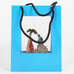 Hot sell plastic hand gift bag design nativity sence Christmas musical Led water spinning glitter snow globe