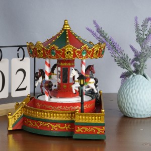 New arrive red Xmas holiday decor Dancing Horse Plastic Merry Christmas LED Light Carousel Music Box