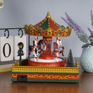 New arrive red Xmas holiday decor Dancing Horse Plastic Merry Christmas LED Light Carousel Music Box