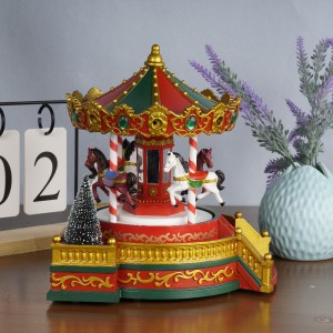 New arrive red Xmas holiday decor Dancing Horse Plastic Merry Christmas LED Light Carousel Music Box