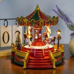 New arrive red Xmas holiday decor Dancing Horse Plastic Merry Christmas LED Light Carousel Music Box
