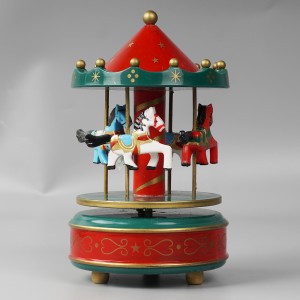 Customized Xmas Carrossel decorative Plastic and wooden merry go wind up rotating carousel music box for Christmas gift
