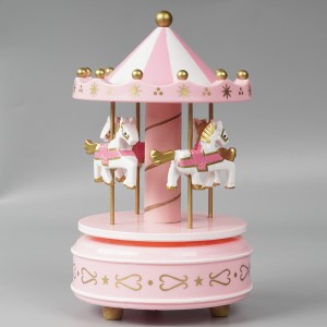 Wholesale illuminated Christmas Carrossel decor, rotating round merry go carousel music box for kid gift