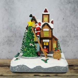 LED light up animated spinning train scene Resin Musical Christmas village houses with 8 Xmas songs