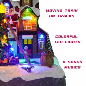 LED light up animated spinning train scene Resin Musical Christmas village houses with 8 Xmas songs