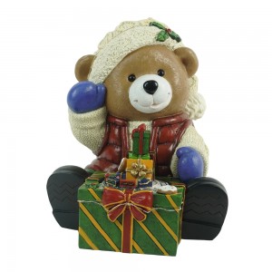 Animated Polyresin LED Siting Bear with Giftbox Traditional Style Musical 3AA Battery Not Included Christmas Table Decor Gift