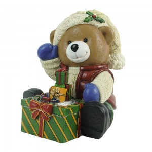 Animated Polyresin LED Siting Bear with Giftbox Traditional Style Musical 3AA Battery Not Included Christmas Table Decor Gift