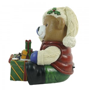 Animated Polyresin LED Siting Bear with Giftbox Traditional Style Musical 3AA Battery Not Included Christmas Table Decor Gift