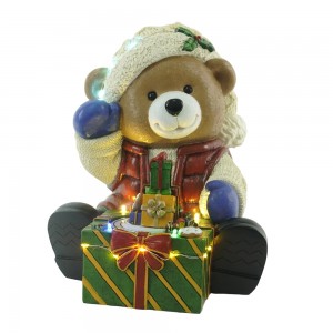 Animated Polyresin LED Siting Bear with Giftbox Traditional Style Musical 3AA Battery Not Included Christmas Table Decor Gift