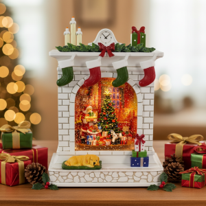 XM Melody LED Christmas Fireplace Water Lantern – Sparkling Snow Globe Music Box with 8 Festive Songs