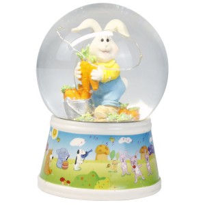 Festival decor Pascua 100 mm battery operated Mult Led musical resin easter rabbit snow globe with glitter