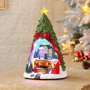 Wholesale Xmas Tree and Santa Scene Mult Functional Animated Turnng Train & Music Led Musical Resin Christmas Village Tree