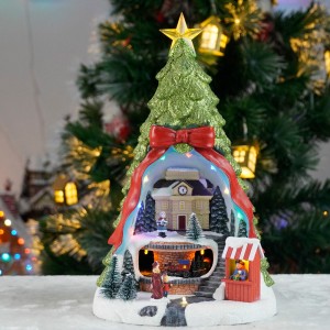 Wholesale Xmas Tree and Santa Scene Mult Functional Animated Turnng Train & Music Led Musical Resin Christmas Village Tree