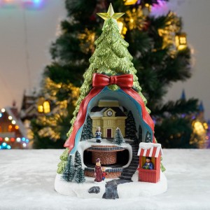 Wholesale Xmas Tree and Santa Scene Mult Functional Animated Turnng Train & Music Led Musical Resin Christmas Village Tree