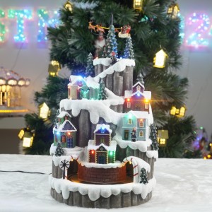 Melody Animated Christmas Village Colorful LED Light Train Moving Kid Rotating Sleigh Turning Polyresin House Christmas