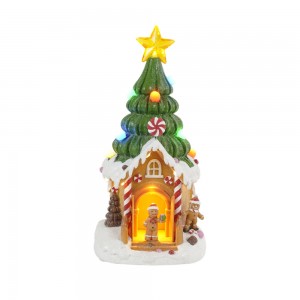 Battery Operated Musical LED Village Tree House Christmas Village House Gingerbred Man Open Close Door Christmas Resin Village