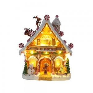 Battery Operated Musical LED Candy House with Santa and Reindeer,Christmas Village House with Gingerbread Open & Closing Door