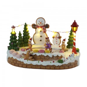 Battery Operated Musical LED Resin Village with Snowman and Gingerbread Skater Decoration
