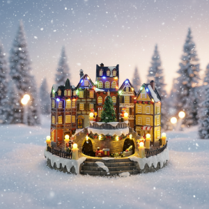 XM Melody Deluxe Animated Polyresin Christmas Village House – Moving Train & Shimmering LED Lights